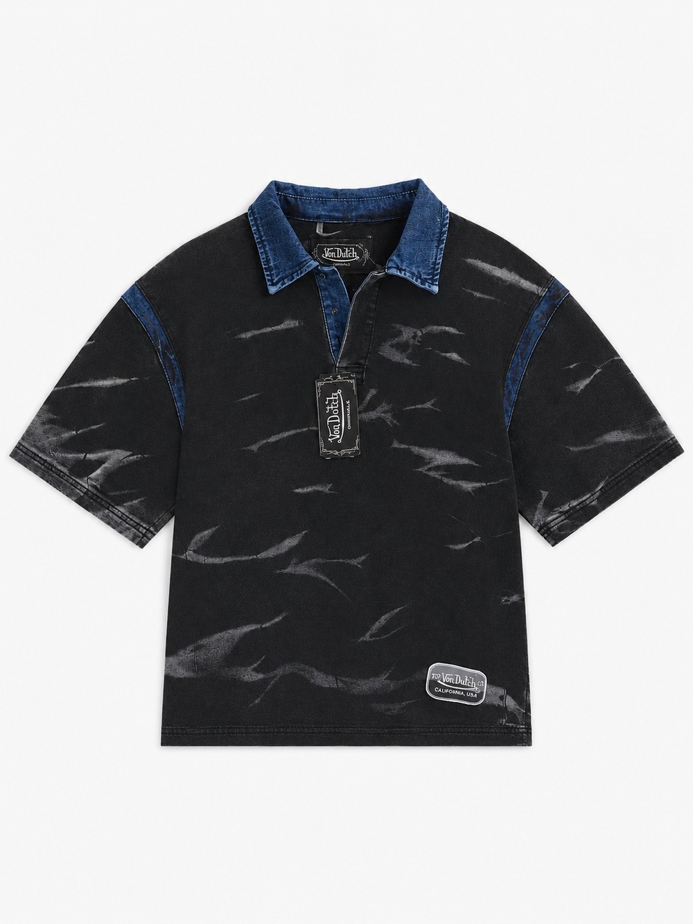 🆕️Von Dutch Black Acid Wash Polo  Denim Collar Y2K Streetwear Oversized Small